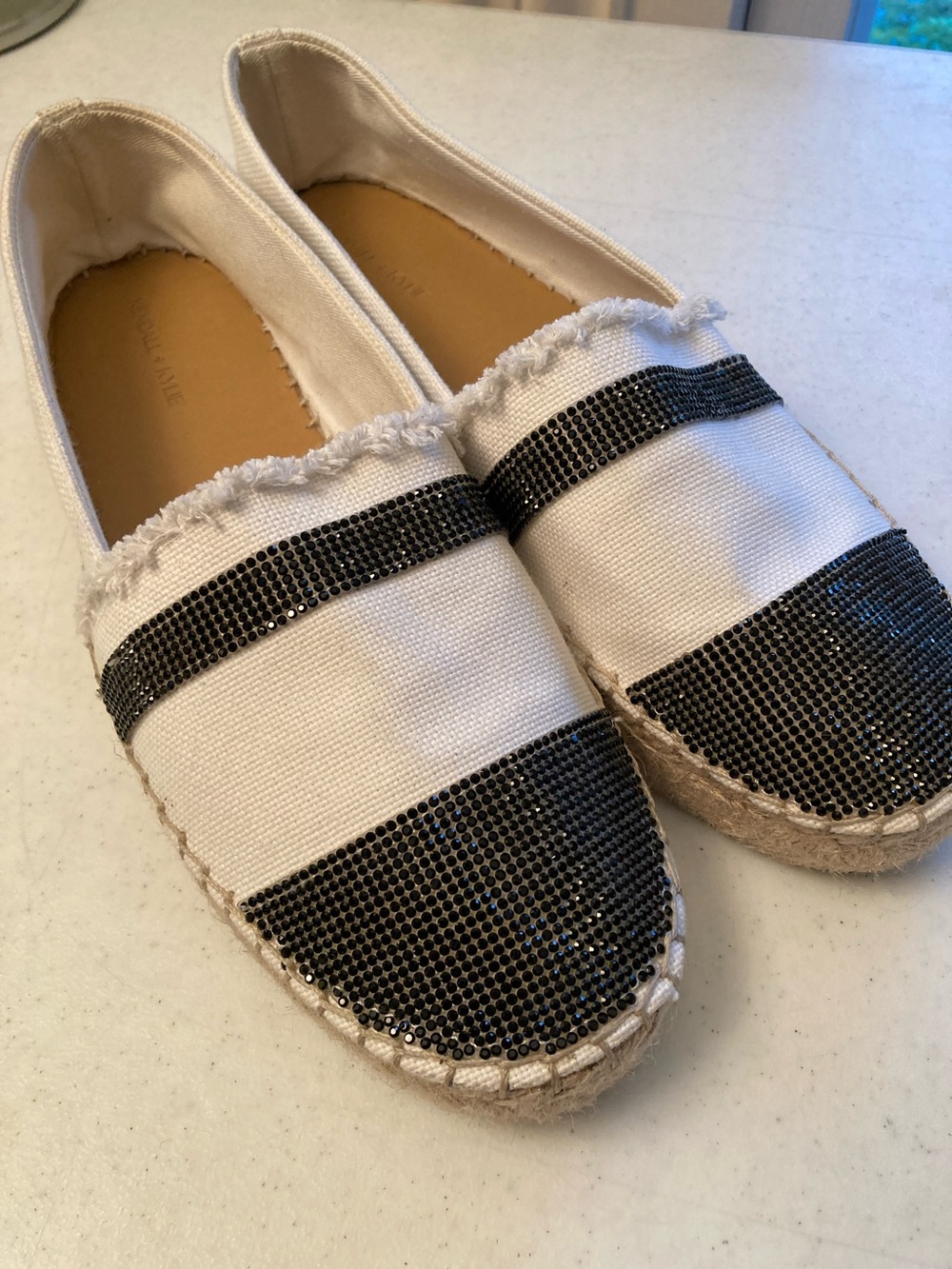 Kendall & Kylie White Canvas Espadrilles with Black Crystal Stripes NWOT